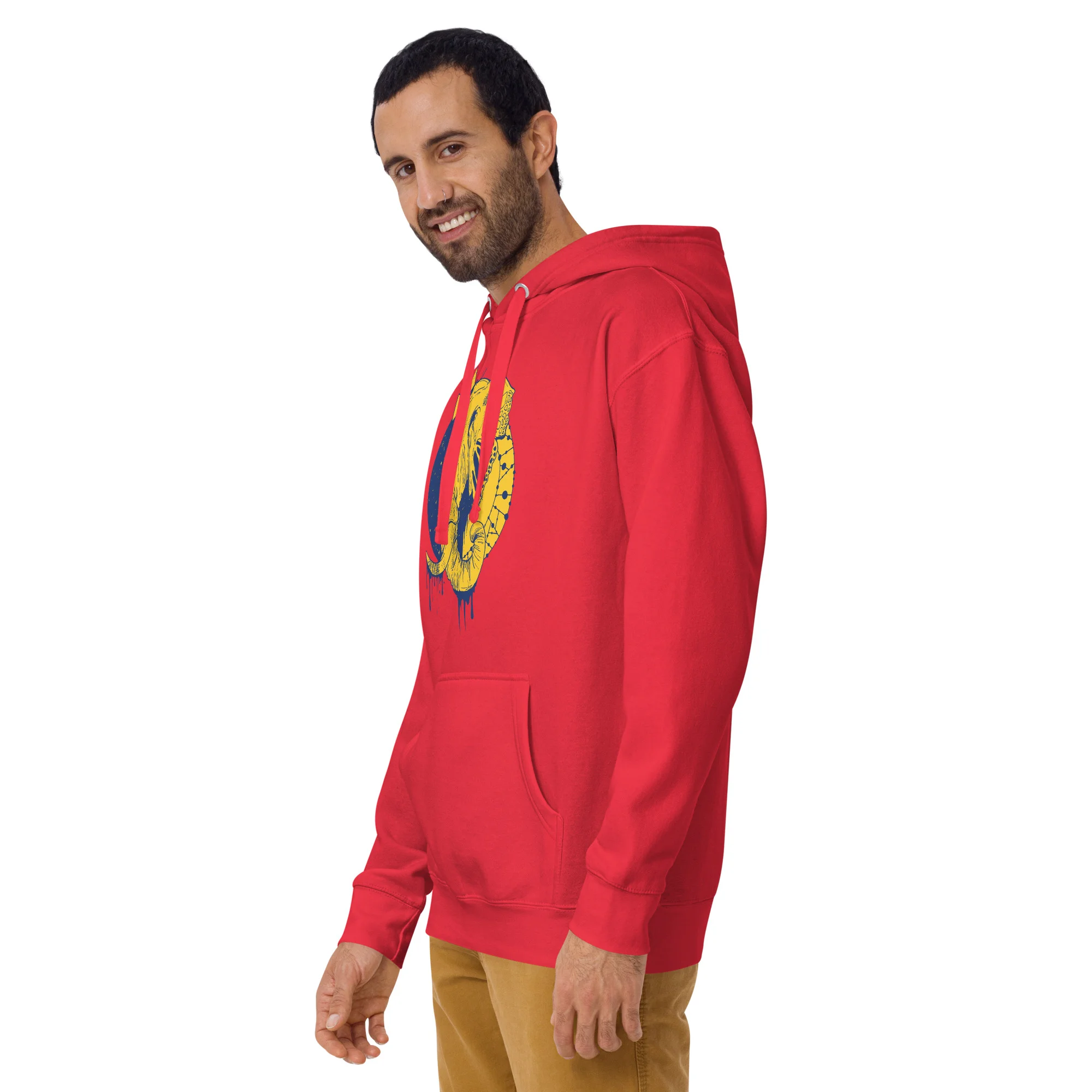 Man wearing red elephant hoodie with yellow crowned illustration, shown from left side angle