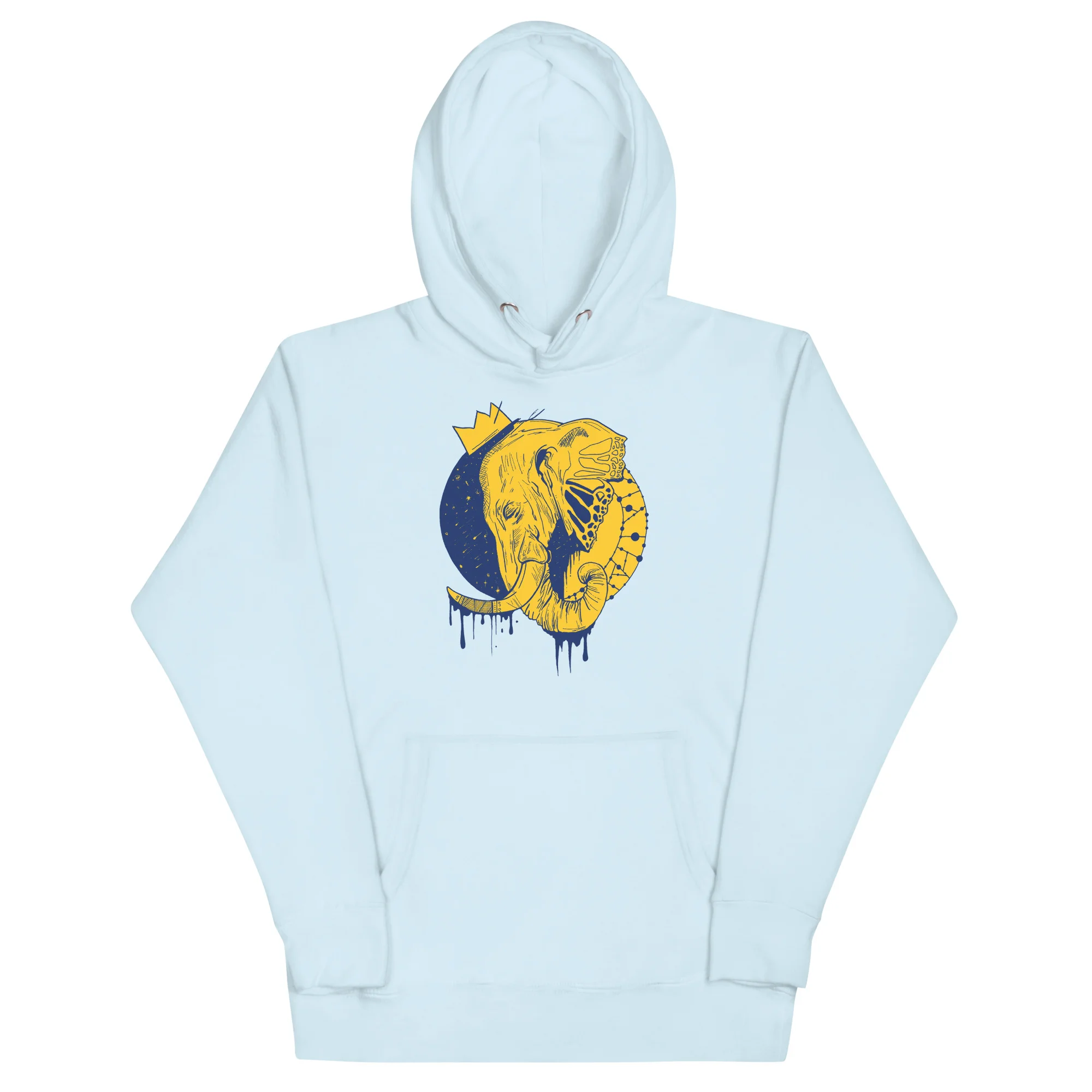 Sky blue elephant hoodie featuring a golden crowned elephant illustration with navy circular background and drip details