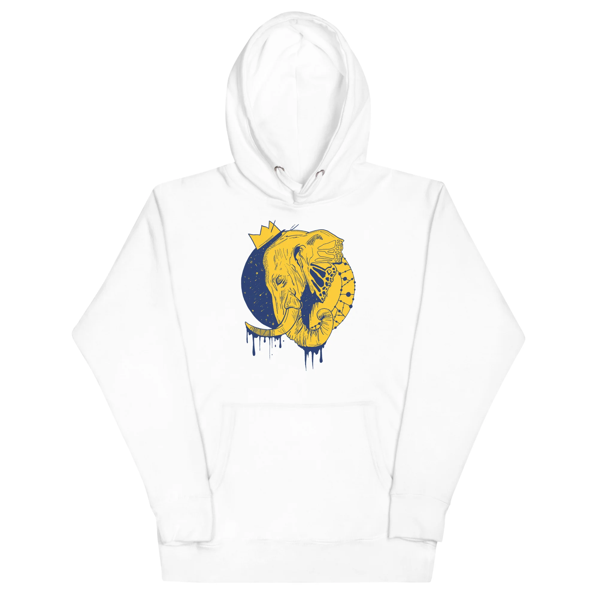 White elephant hoodie featuring yellow crowned elephant illustration with blue moon and dripping details