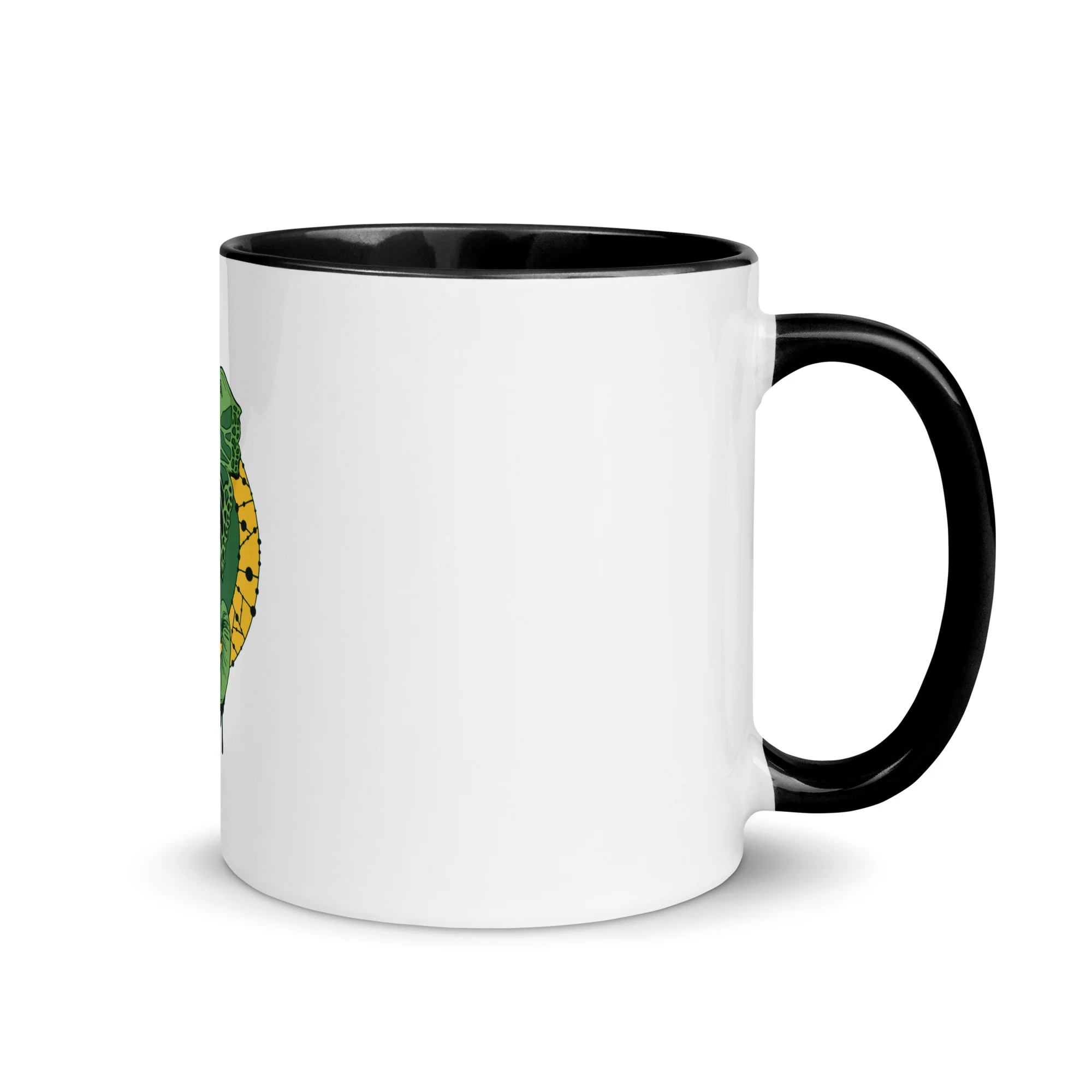 White ceramic elephant mug with black handle and interior featuring green and gold royal elephant illustration