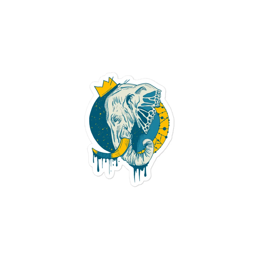 Royal crown elephant sticker with teal and gold design on white kiss-cut vinyl decal
