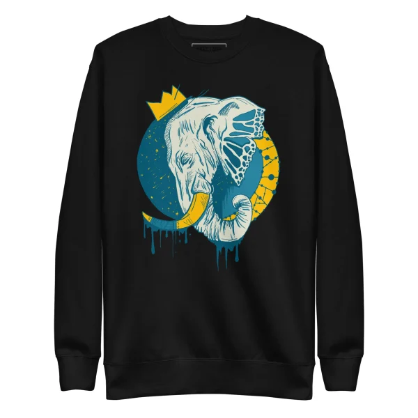 Black elephant sweatshirt features a regal crowned elephant illustration with blue and yellow accents and dripping details.