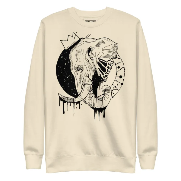Cream bone elephant sweatshirt with intricate black ink sketch design featuring royal artwork and drip details