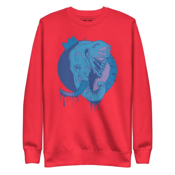 Red elephant sweatshirt featuring a blue crowned elephant with dripping ink effect design on the chest