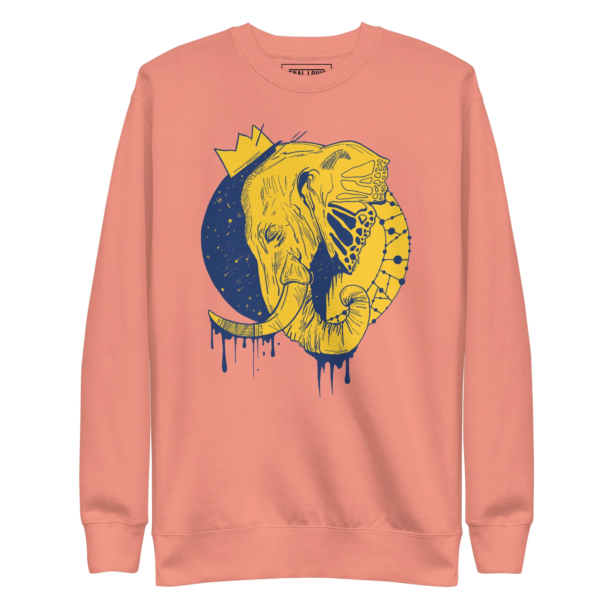 Dusty rose elephant sweatshirt featuring a yellow crowned elephant with blue dripping accents and line art detail