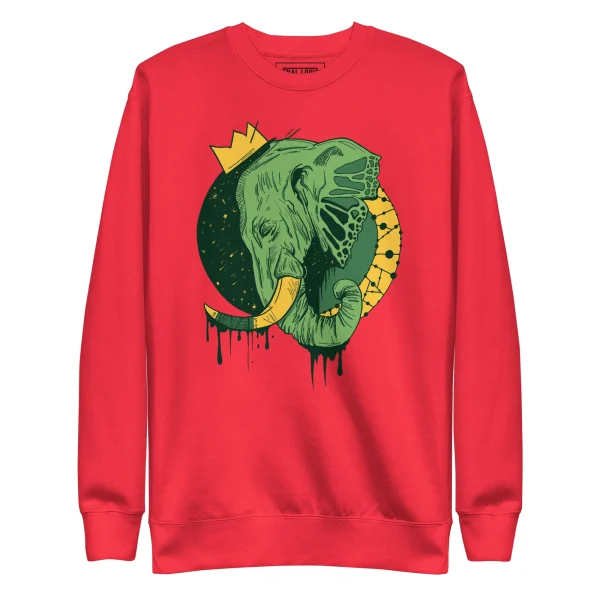 Red elephant sweatshirt featuring a green crowned elephant with yellow and black circular design and drip details