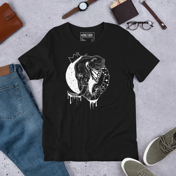 Black elephant t-shirt featuring white line art design with moon and celestial elements, styled with jeans and accessories