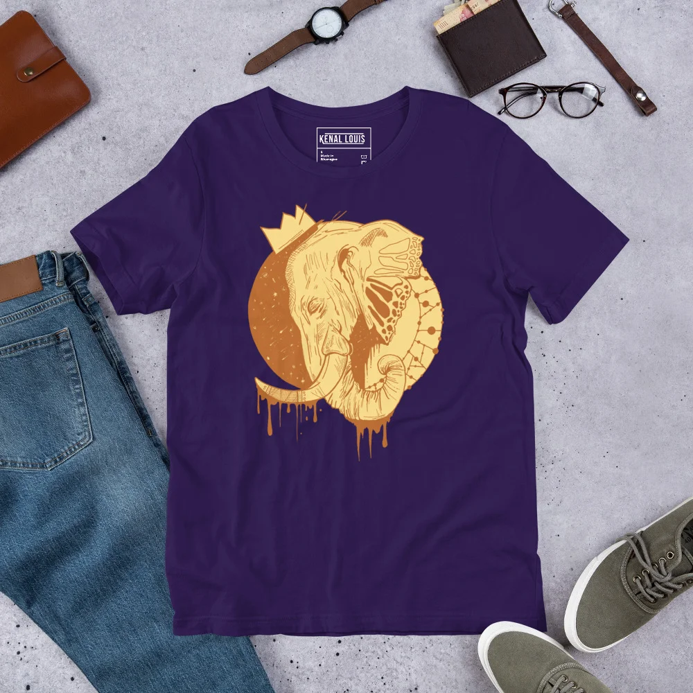 Purple elephant t-shirt featuring a crowned elephant in terracotta line art with dripping details