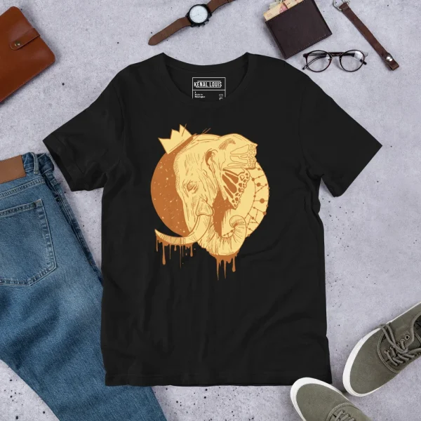 Black elephant t-shirt featuring a terracotta line art crowned elephant design with dripping effect