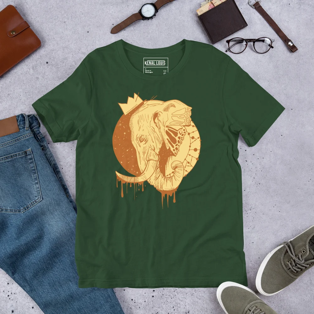 Forest green elephant t-shirt with terracotta line art crown design and dripping details