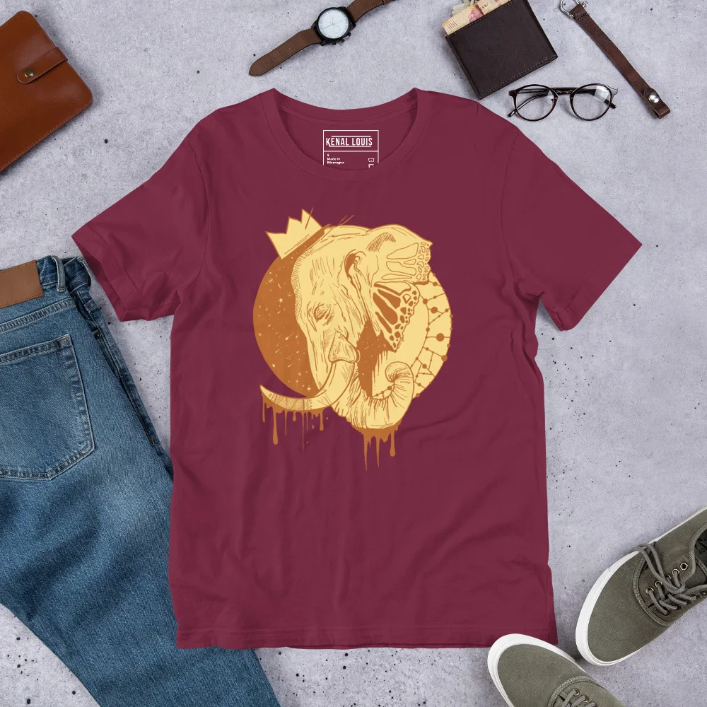 Maroon elephant t-shirt featuring a crowned elephant design in terracotta and gold line art, styled flat lay with accessories