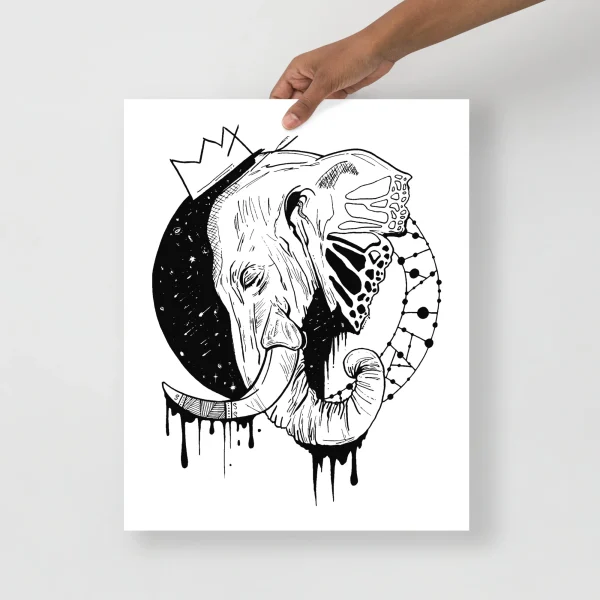 Minimalist elephant wall art featuring regal line drawing with crown and circular geometric elements in black ink