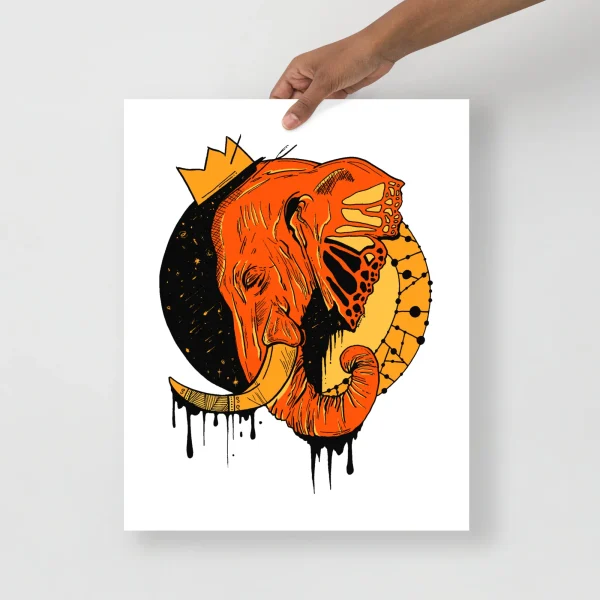 Royal orange elephant wall art print with regal crown and artistic drip details on white background