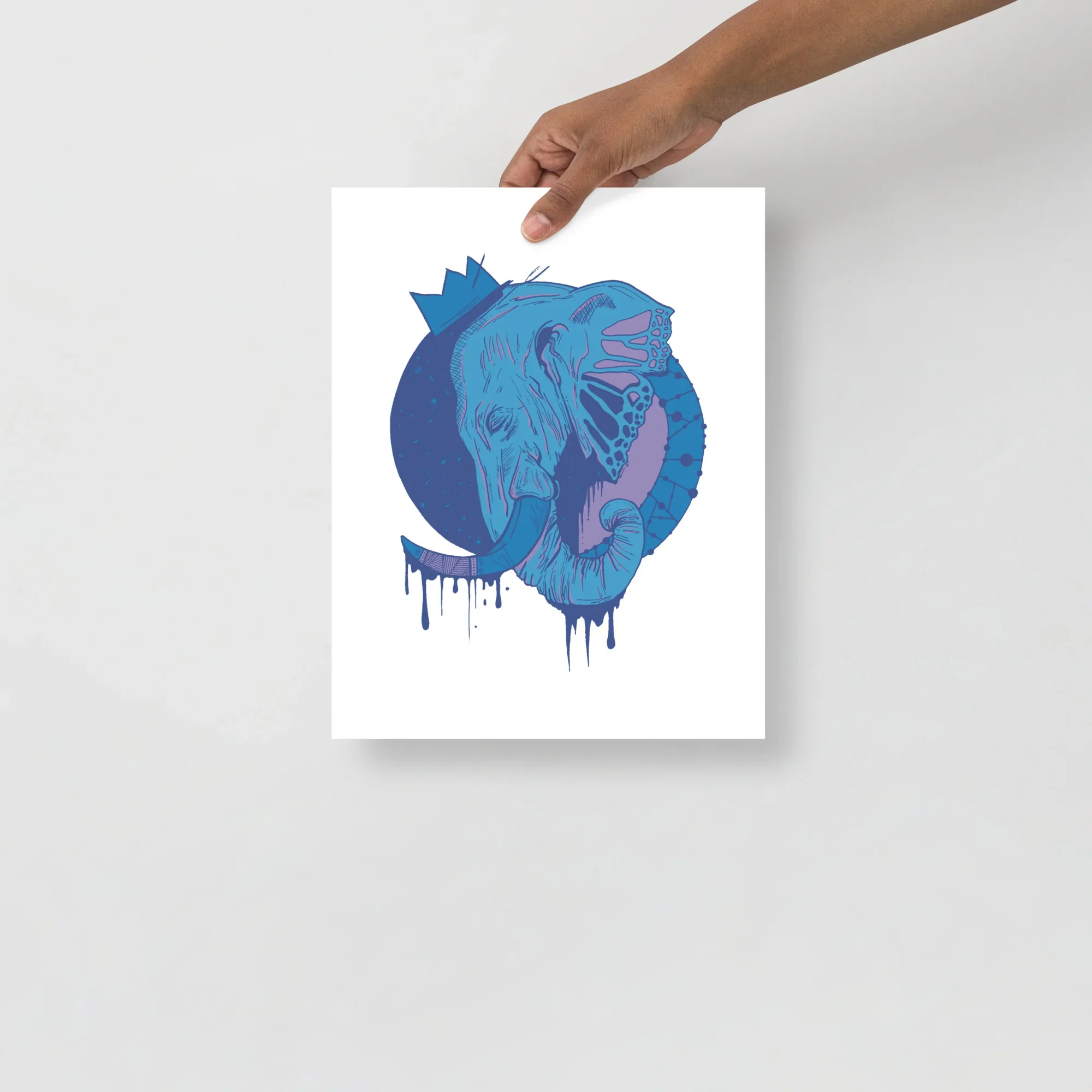Royal blue and pink elephant wall art print with crown and dripping paint details