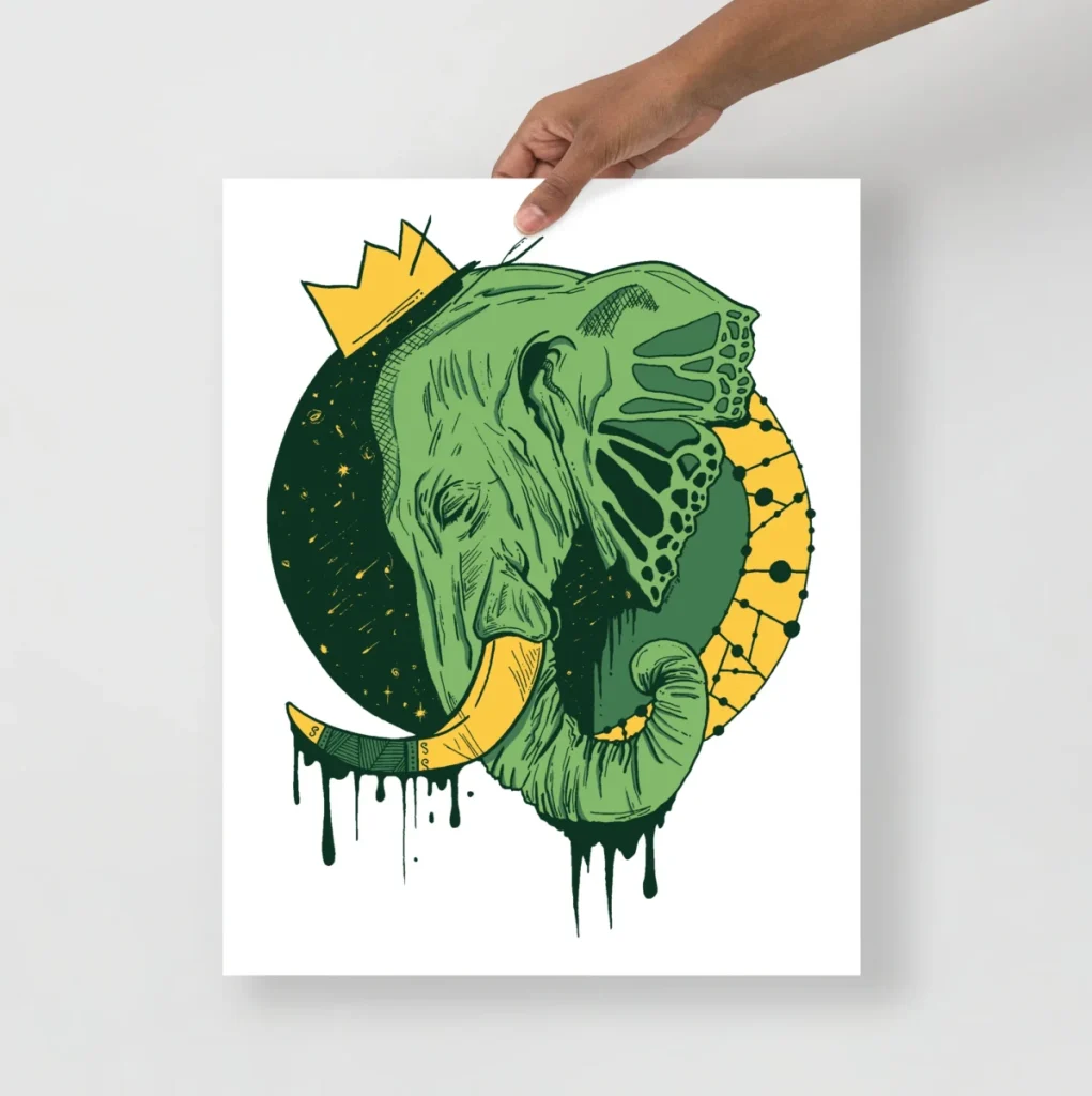 Emerald green art print featuring a majestic royal elephant with ornate decorative illustration