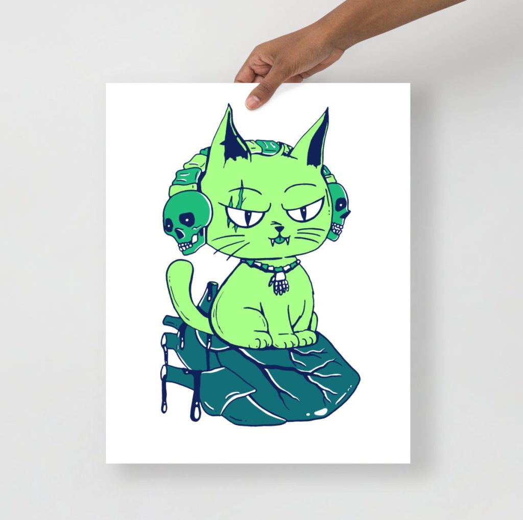 Wicked black cat perched on a heart in this bold green cat wall decor