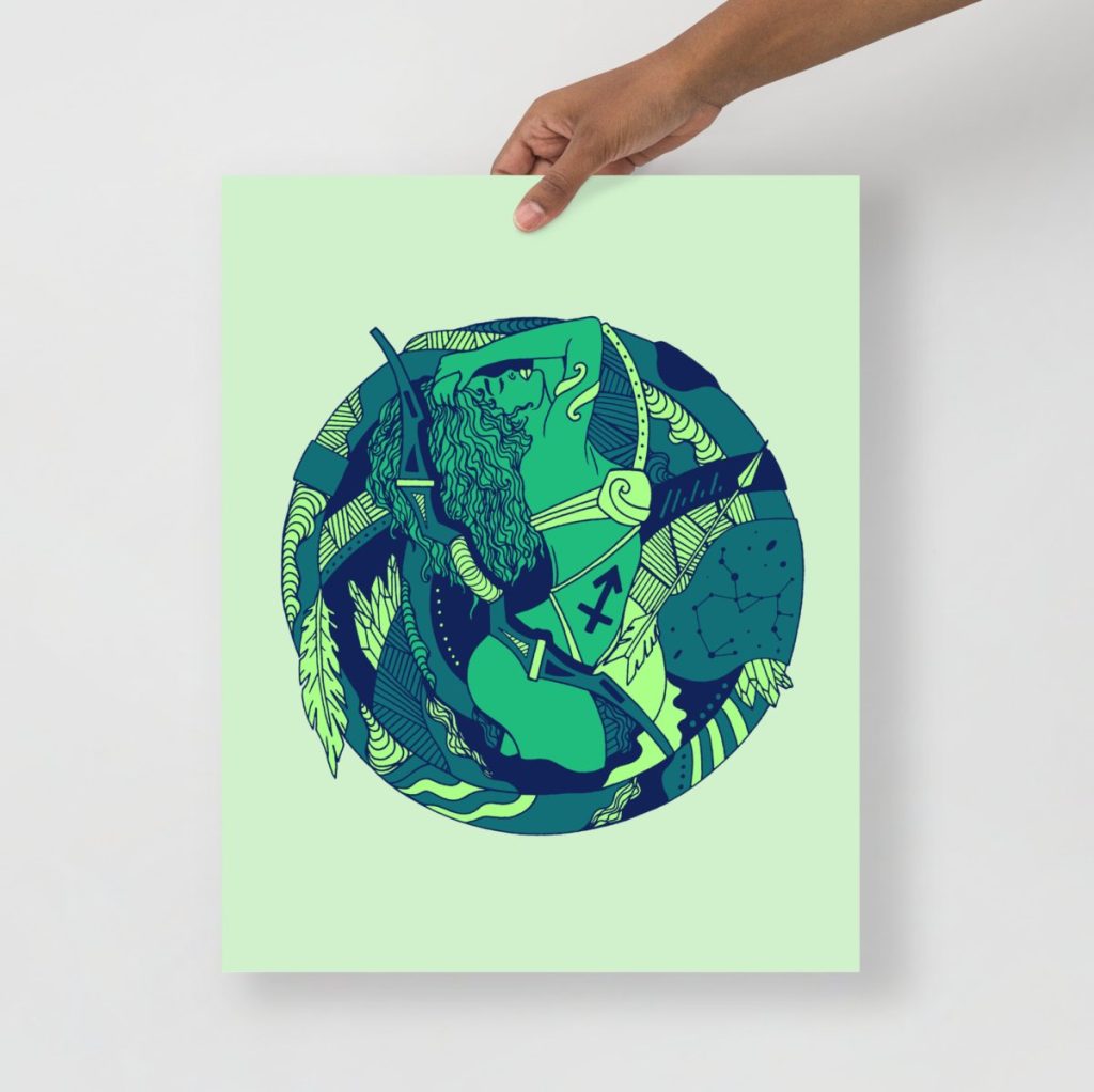 Sagittarius archer zodiac figure depicted in lush green tones for wall decor