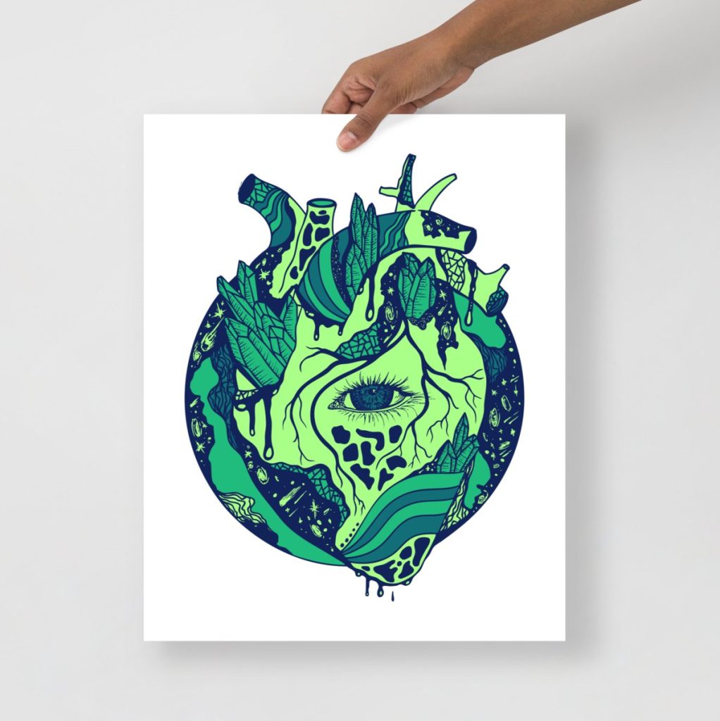 Cosmic anatomical heart artwork glowing with deep green celestial tones and intricate detail