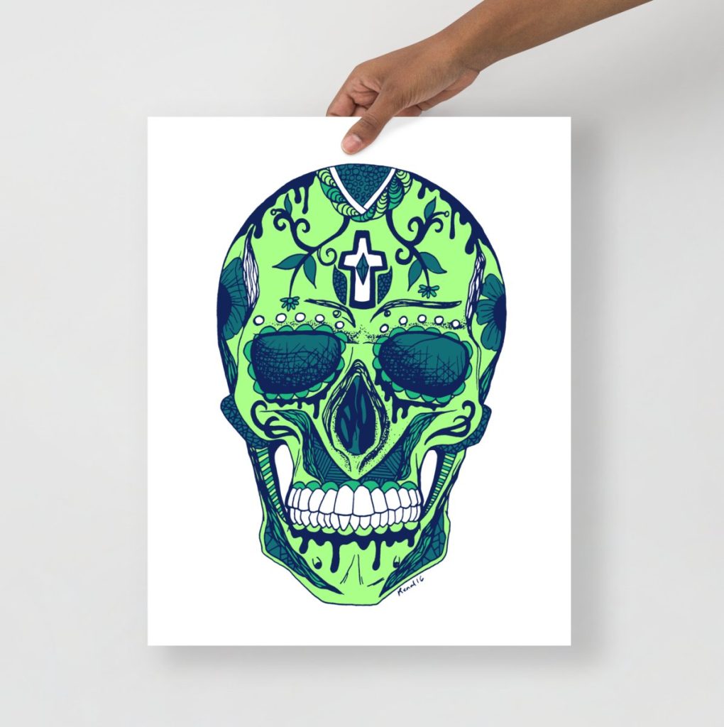 Day of the Dead Los Muertos skull artwork with vibrant emerald green ornamental design
