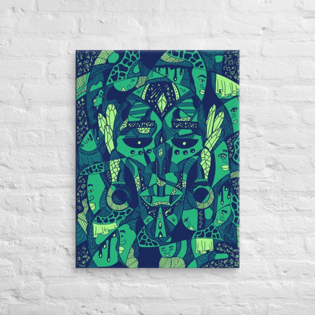 African mask canvas featuring Atok and twelve tribal chiefs in green tones
