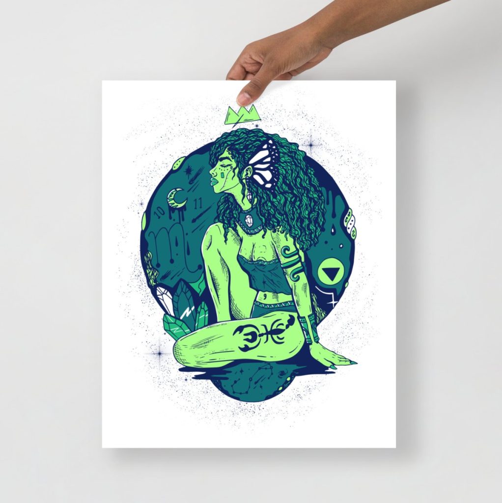 Scorpio goddess zodiac woman rendered in rich emerald green wall art style