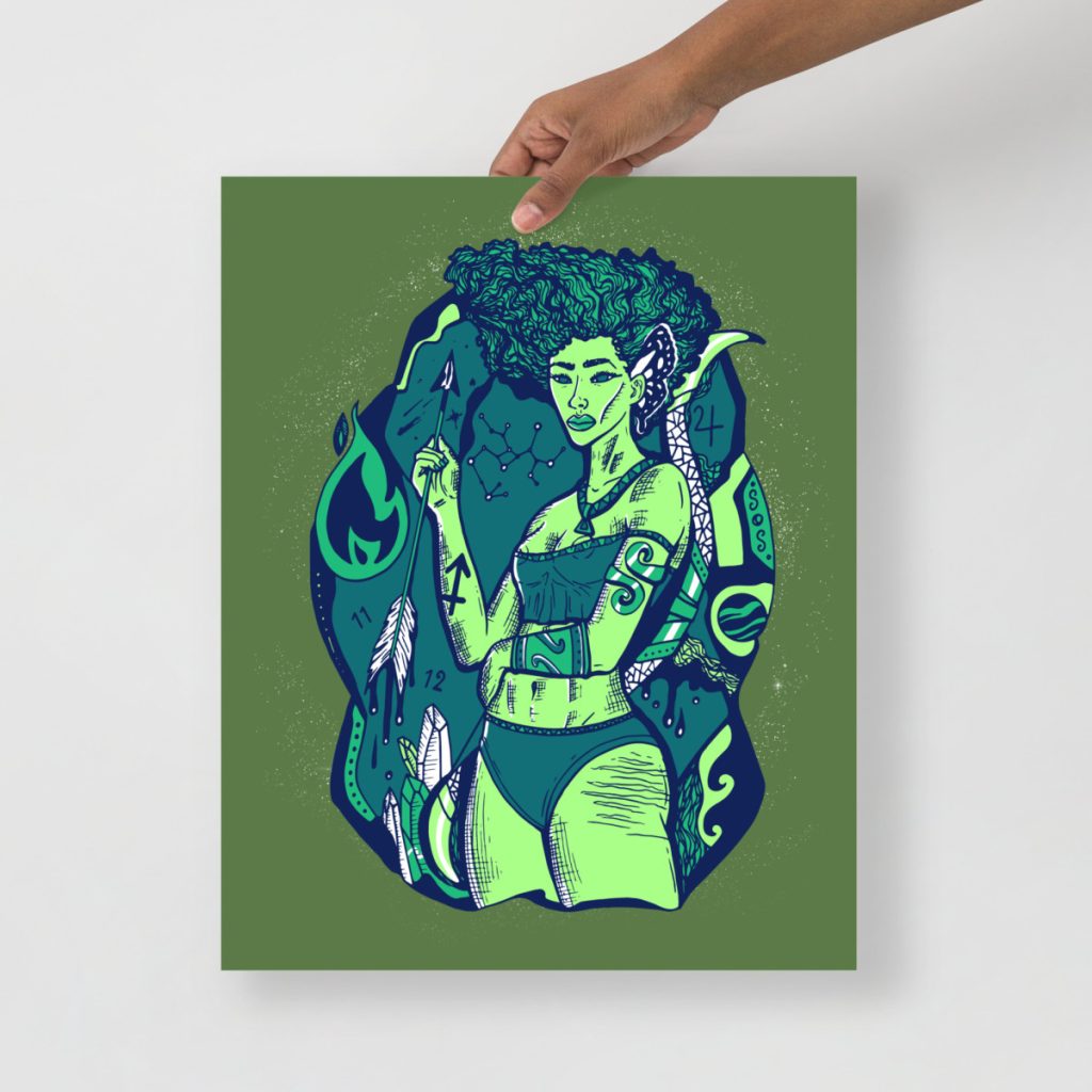 Sagittarius goddess figure adorned in lush green zodiac wall decor illustration