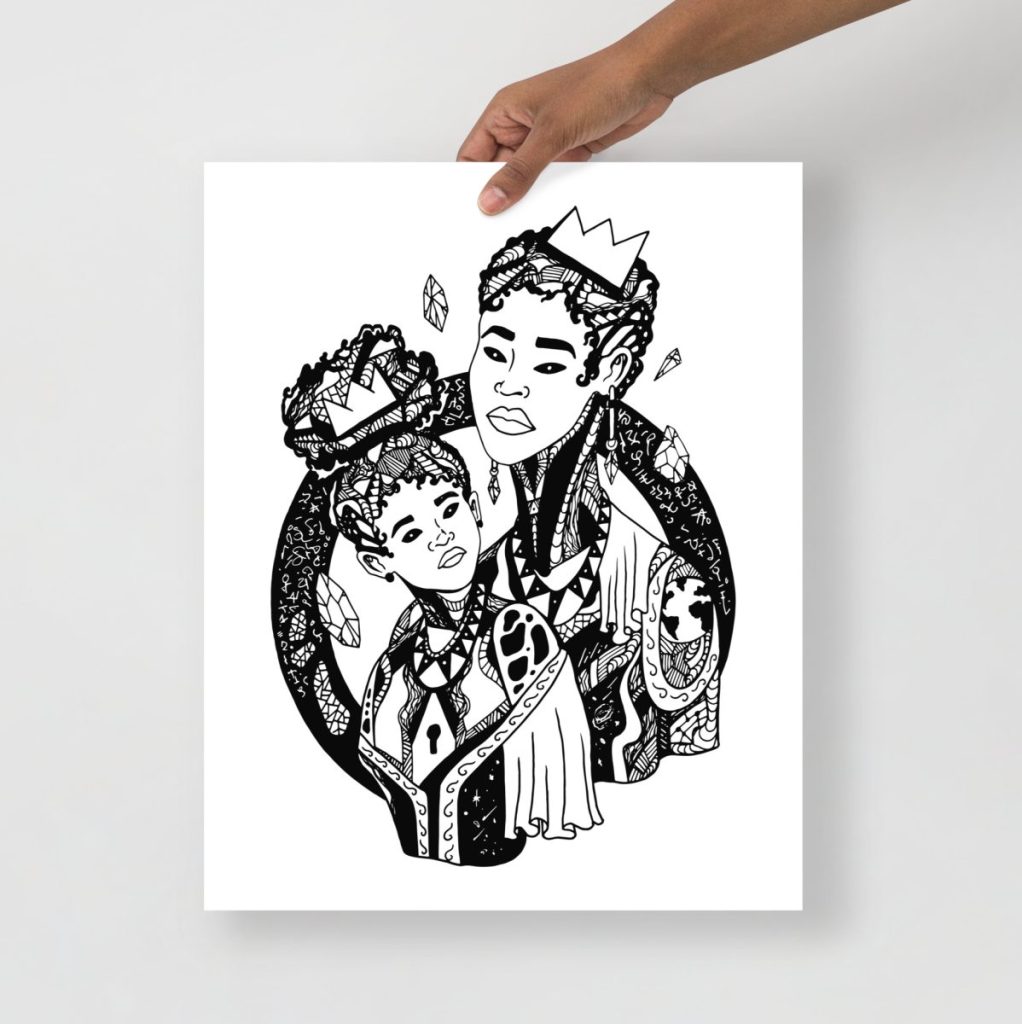 Celestial mother and child scene with Venus and star in graceful flowing art print