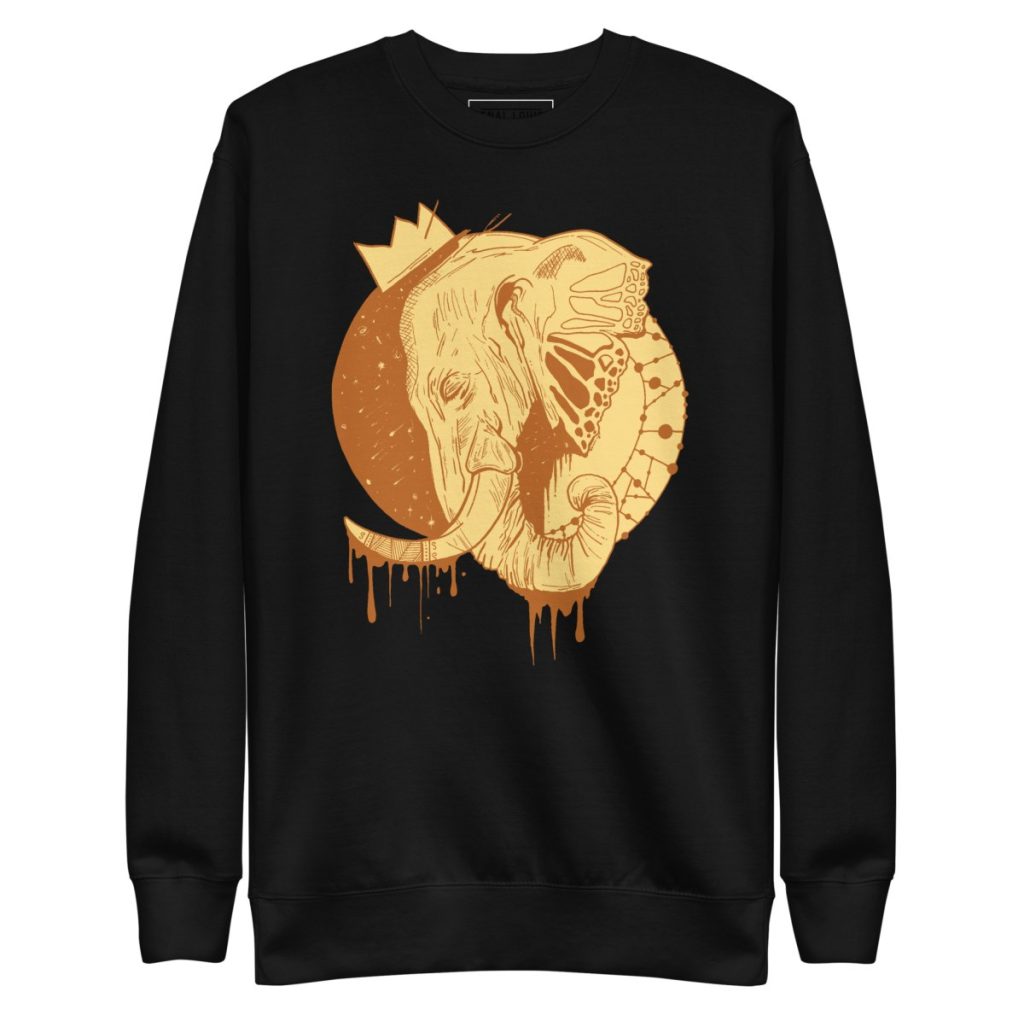 Cozy fall sweatshirts featuring a regal elephant with detailed crown illustration fleece crewneck