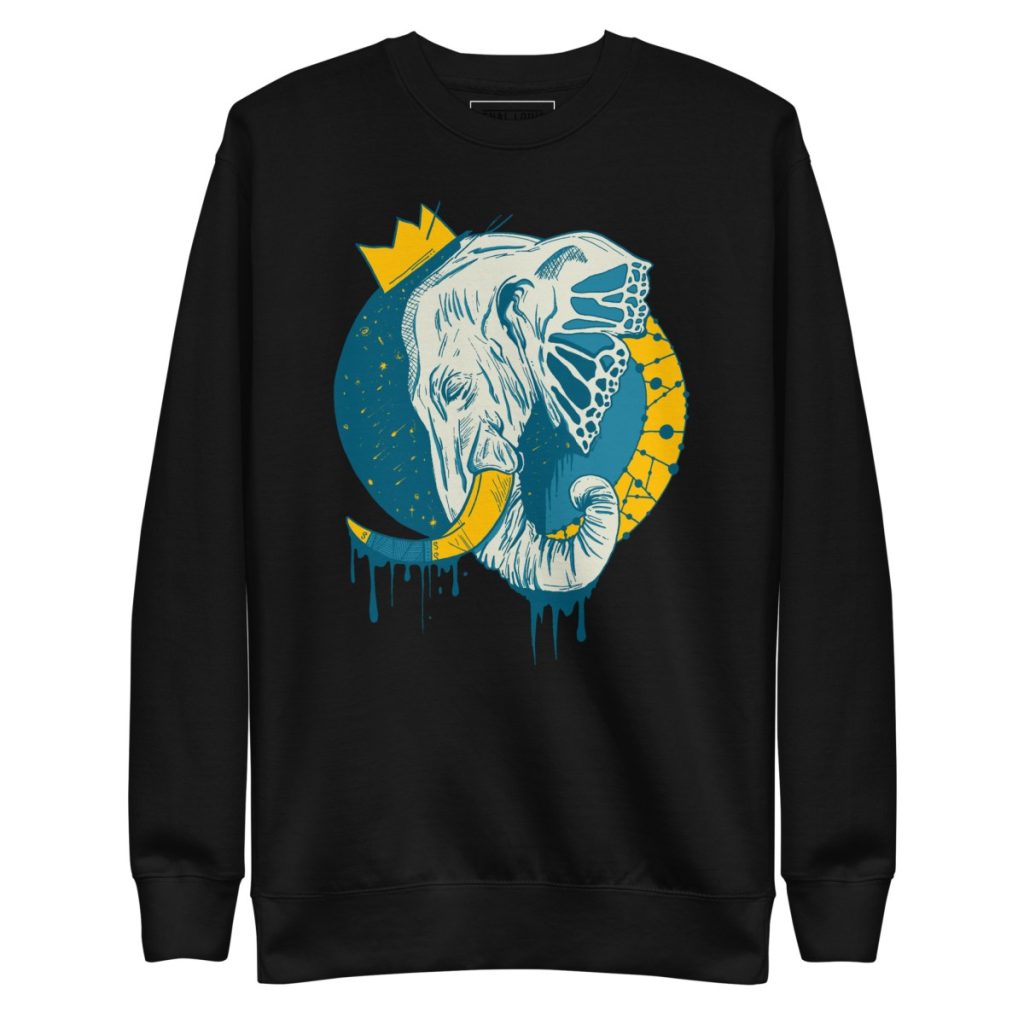 Elephant wearing an illustrated crown on a classic crewneck perfect for autumn layering