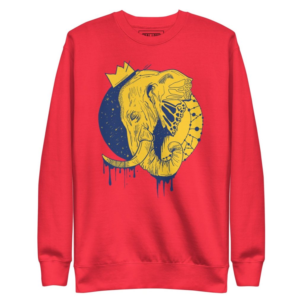Royal crown line art elephant design on a warm fall sweatshirt crewneck style