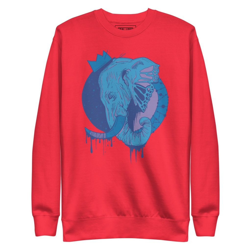 Fleece crewneck fall sweatshirt with elegant elephant and minimalist crown line art