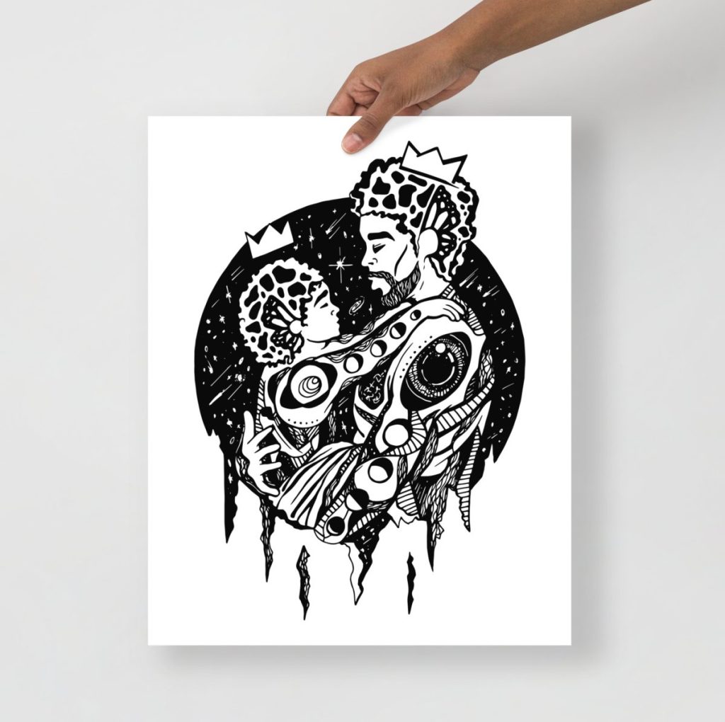 Minimalist line art family art print showing father and son beneath a single star