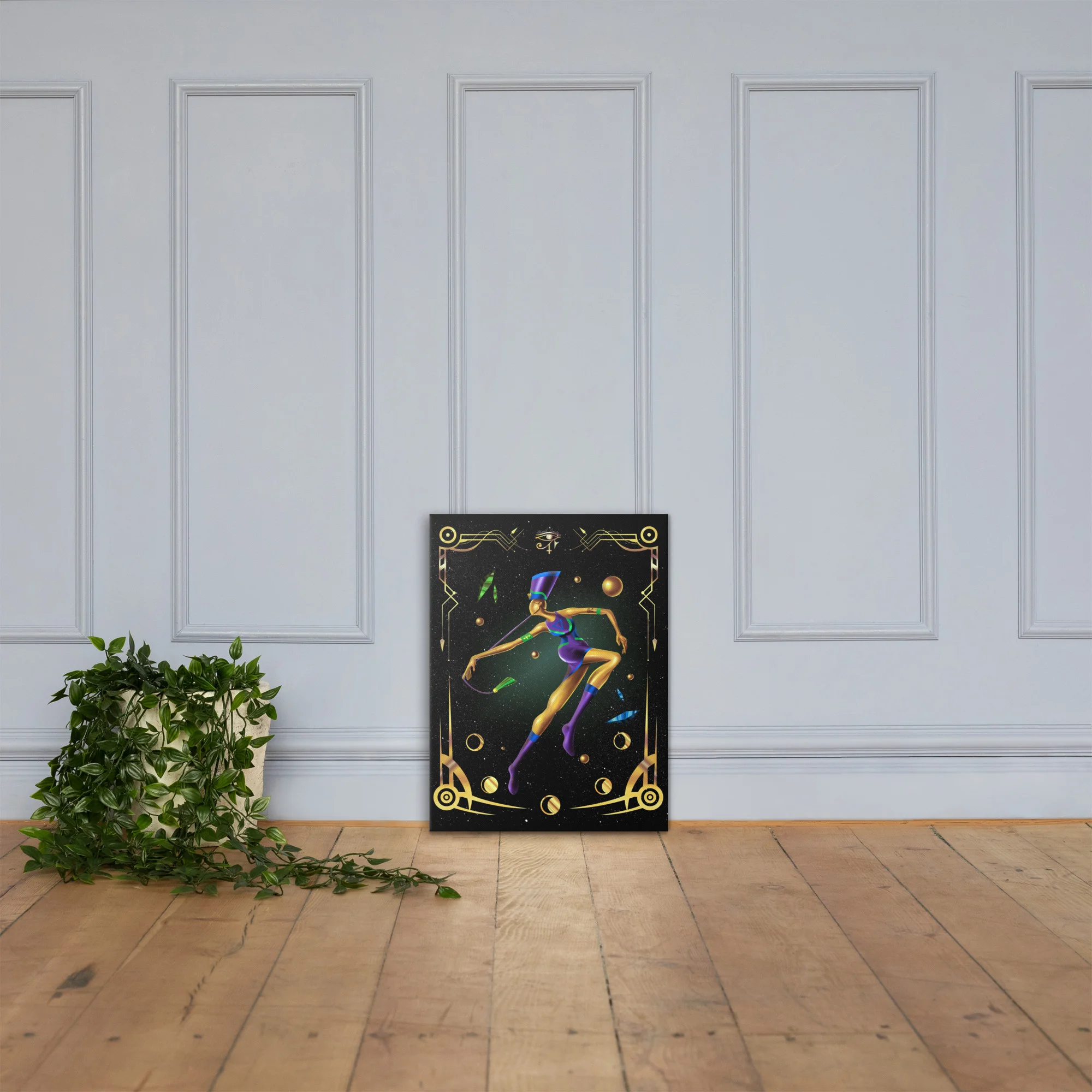 Fashion art illustration featuring a luminous gold mannequin in an afrofuturistic haute couture silhouette on black canvas with gold accents.