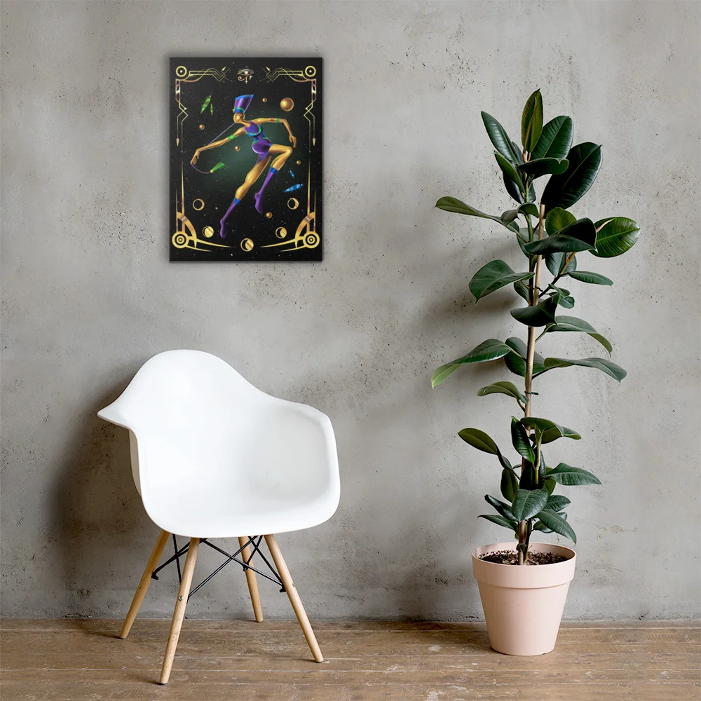 Fashion art illustration canvas displaying a luminous gold afrofuturistic goddess figure on black background with gold accents.