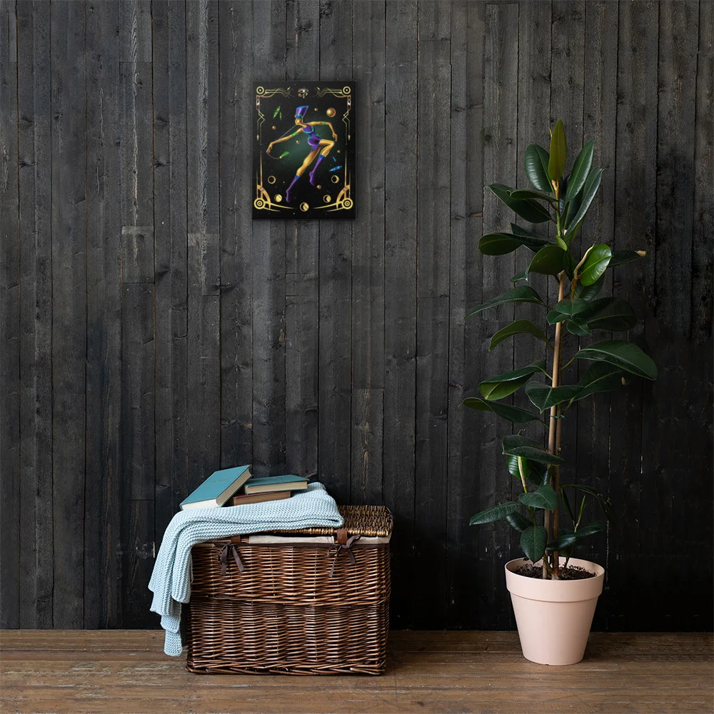 Fashion art illustration canvas featuring a luminous gold goddess figure with Egyptian symbolism on dark wood wall backdrop.