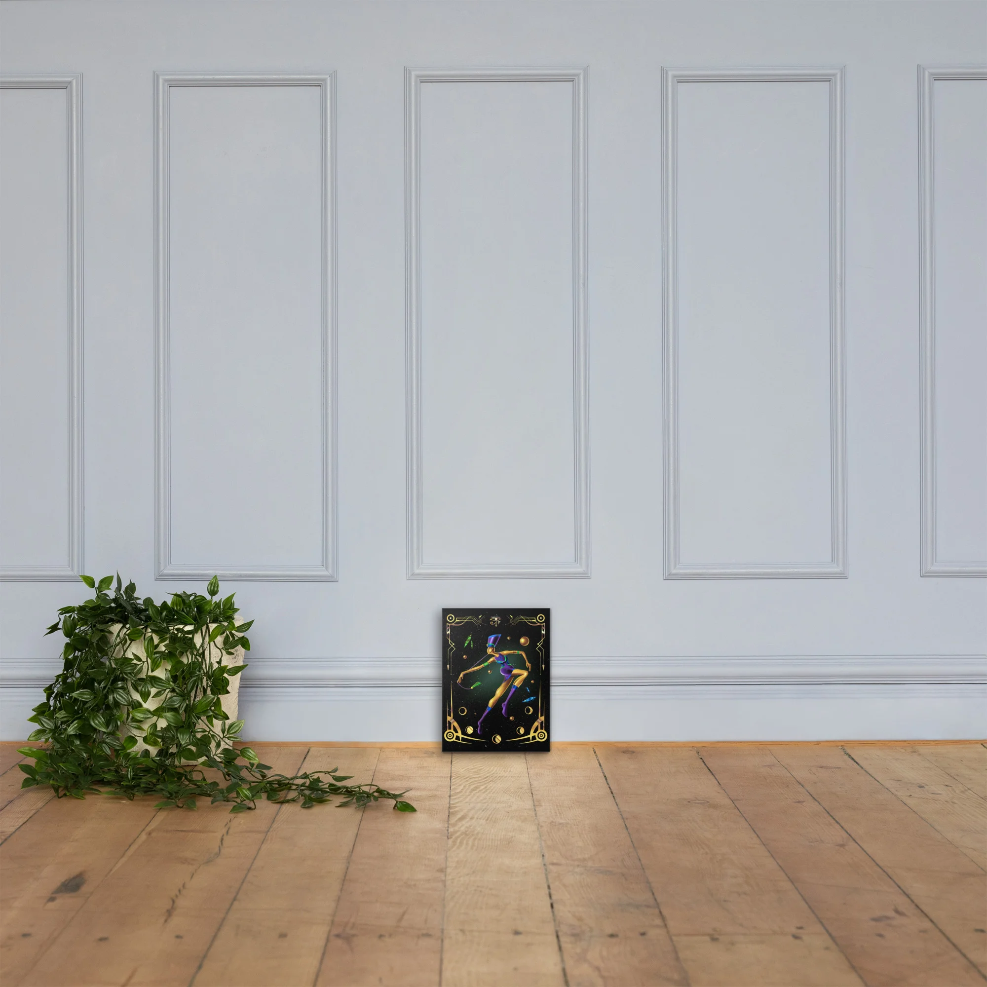 Fashion art illustration canvas featuring a luminous gold afrofuturistic goddess figure displayed on wooden floor against white wall paneling.