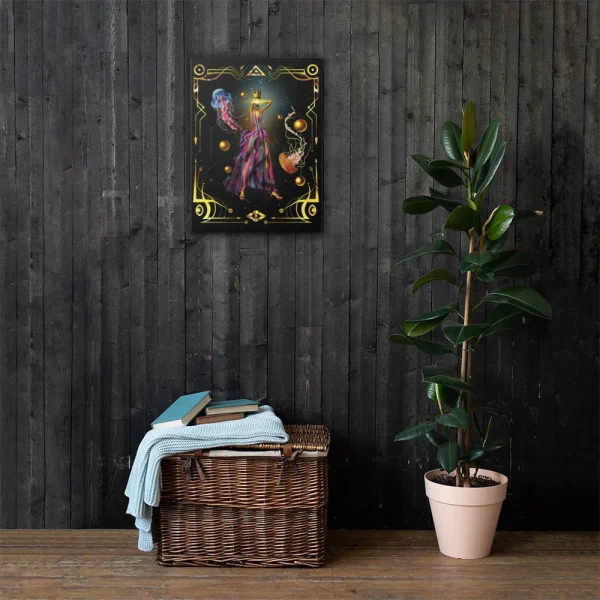 Fashion goddess canvas wall art featuring a couture figure in flowing dress against cosmic celestial backdrop with gold geometric frame.
