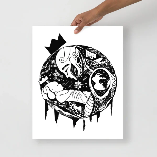 Father and son art print featuring intricate black and white line art with celestial stars and organic patterns in a circular design