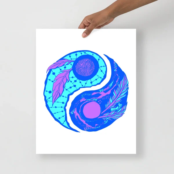 Blue feathers yin yang art print featuring intricate line work with cyan and magenta tones in a balanced circular design.