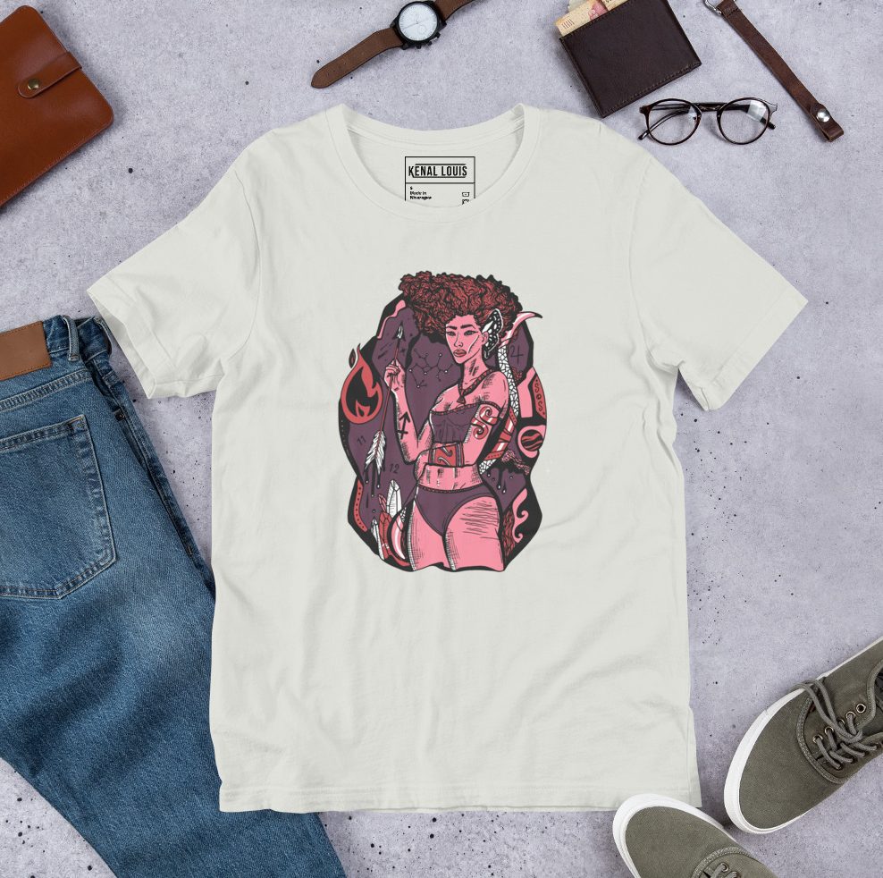 Mauve rose Sagittarius goddess tee featuring soft romantic zodiac graphic