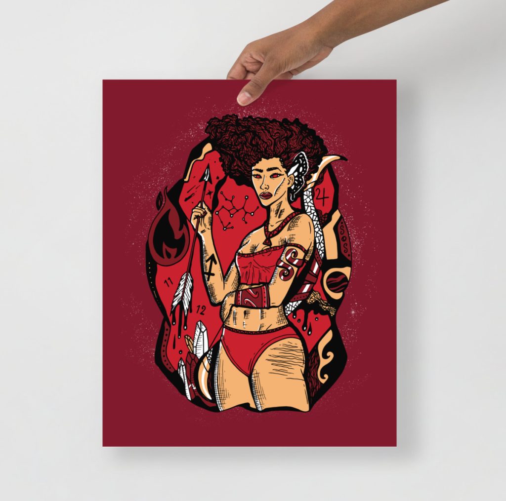 Royal red Sagittarius goddess art print with rich jewel-toned zodiac design