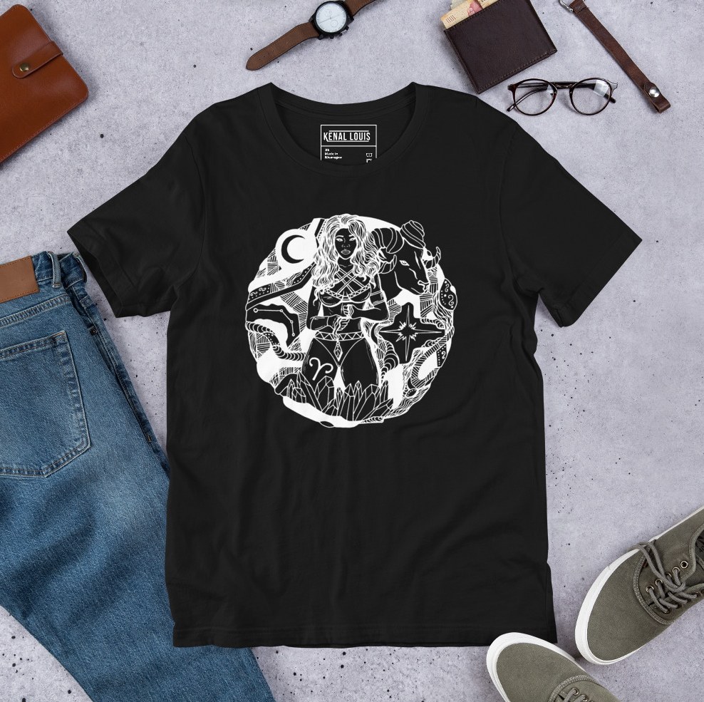White graphic tee showcasing bold Aries zodiac line art for women