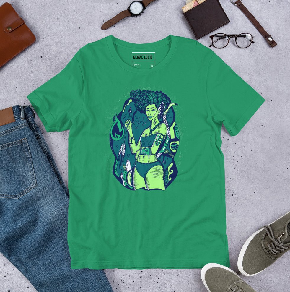 Green graphic tee with elegant Sagittarius goddess celestial zodiac illustration