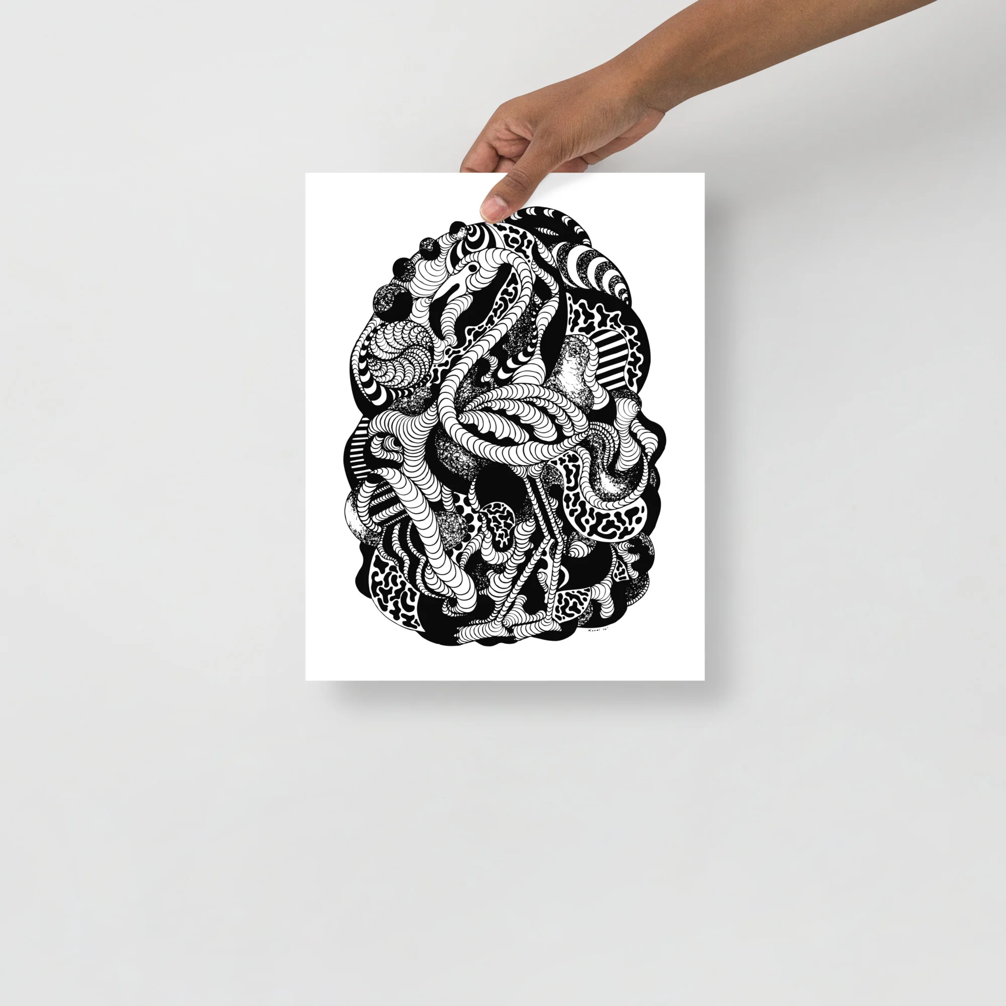 Bold black and white flamingo line art print with intricate organic patterns and fluid pen and ink illustration