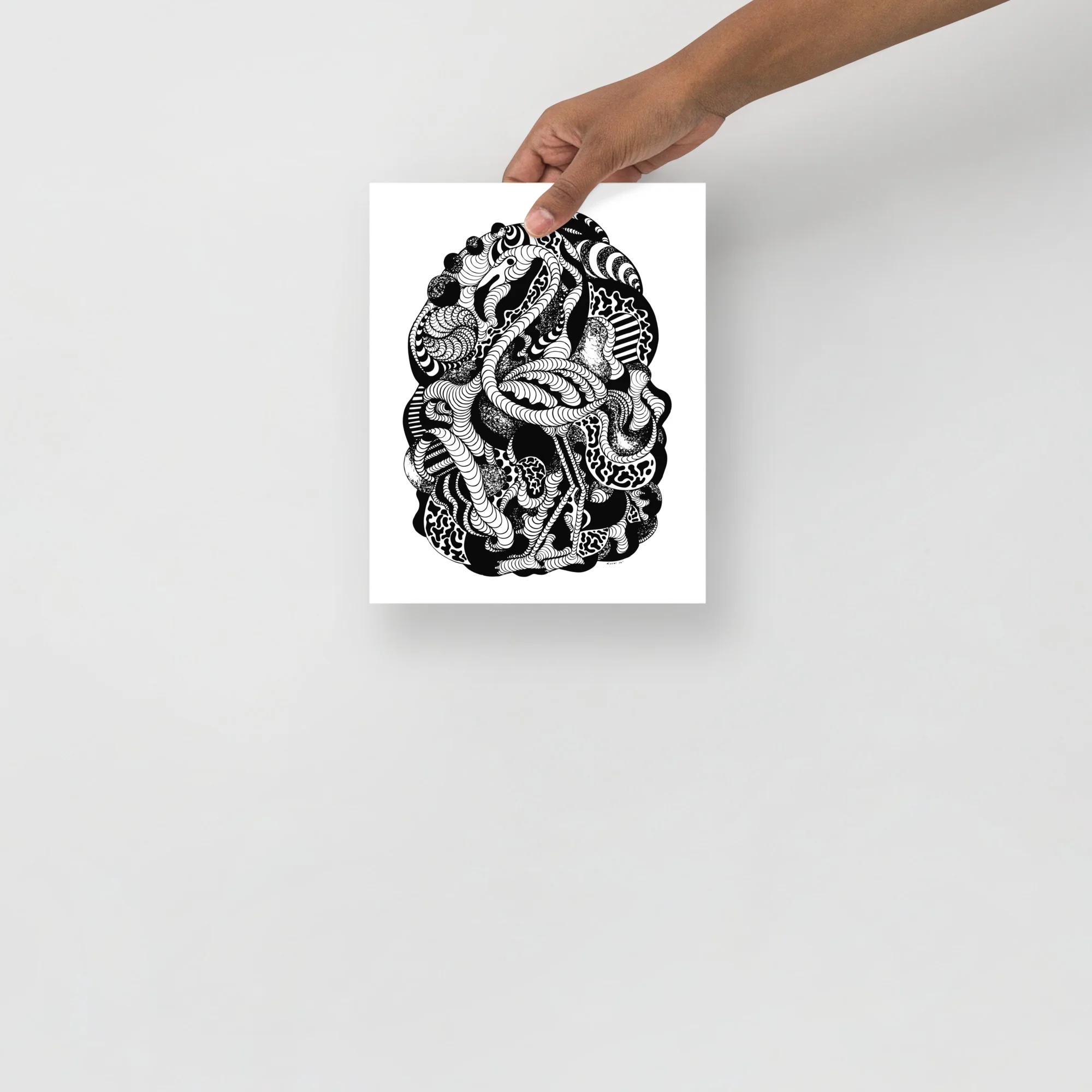 Black and white flamingo wall art with intricate line art pattern and organic flowing design