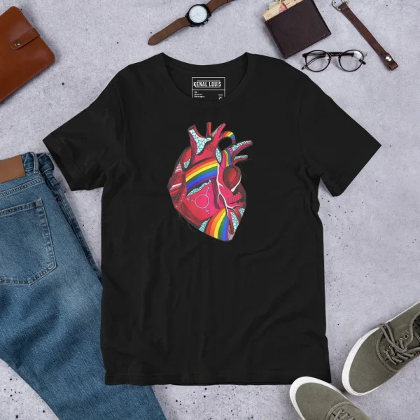 Black gay pride t-shirt featuring a red anatomical heart with rainbow colors flowing through the arteries and gender symbols.
