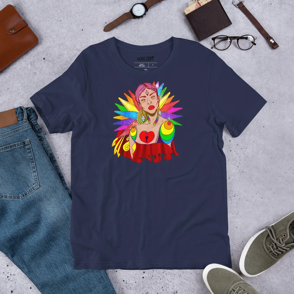 Navy cotton gay pride t-shirt with colorful rainbow design and vibrant artwork displayed flat lay with accessories