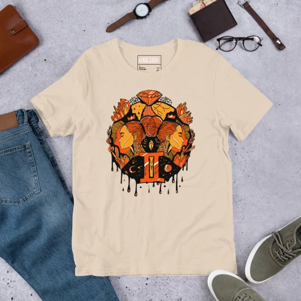 Cream gemini zodiac t-shirt featuring bold orange and black mystic graphic with twin faces and celestial symbols