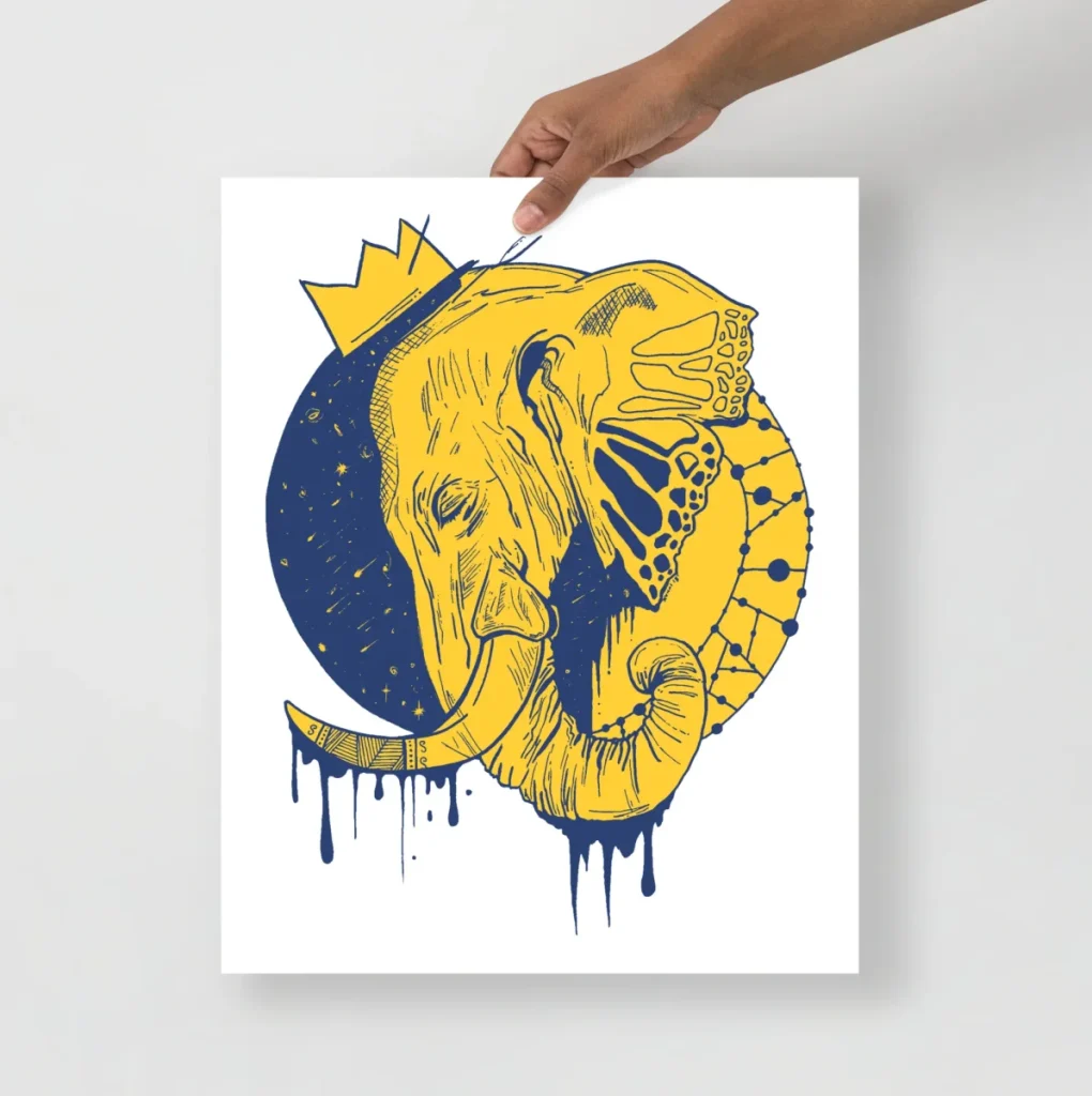Regal navy and yellow elephant art print with royal illustrated details