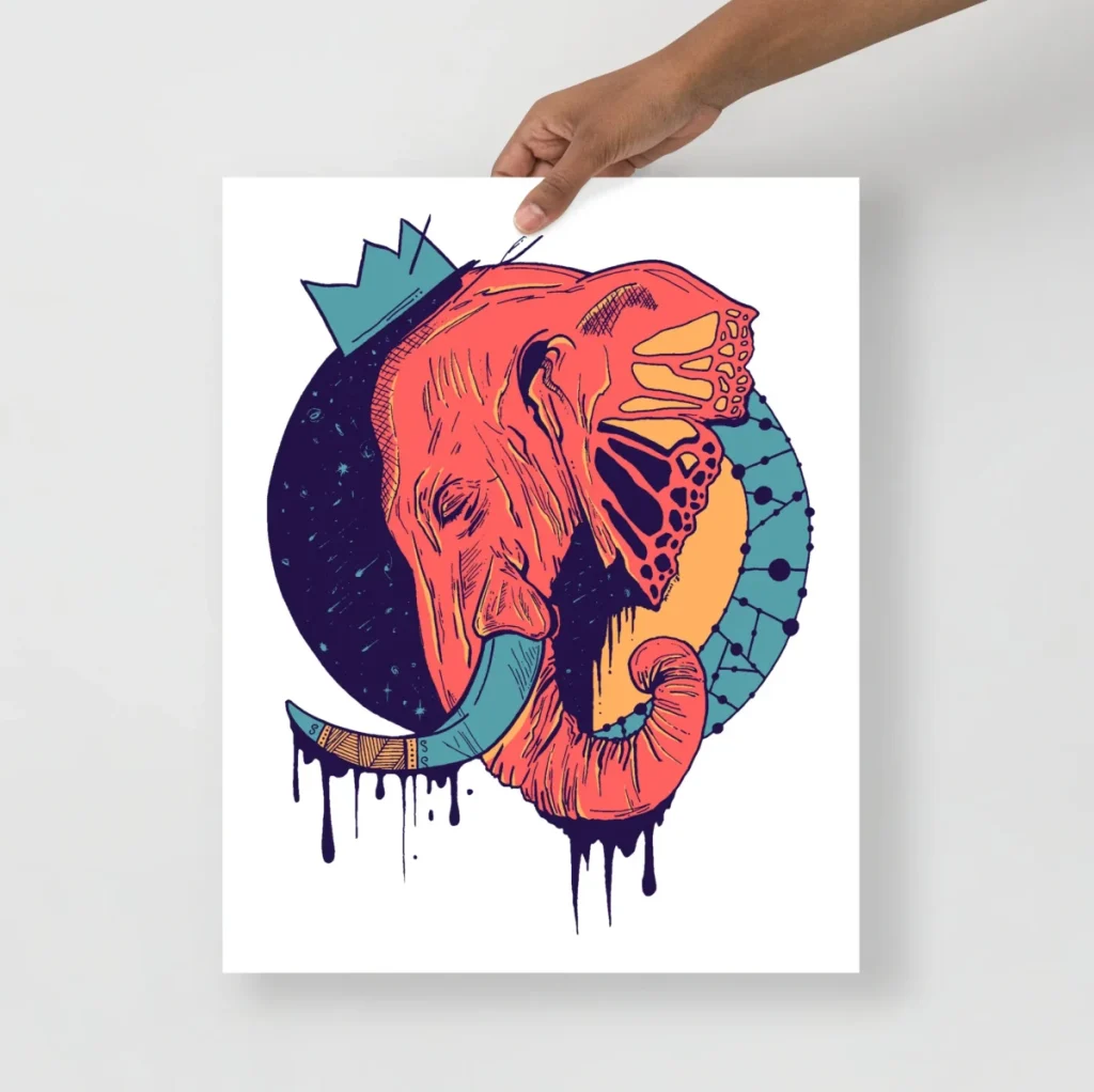 Coral elephant wearing royal crown illustration perfect as gifts for art lovers